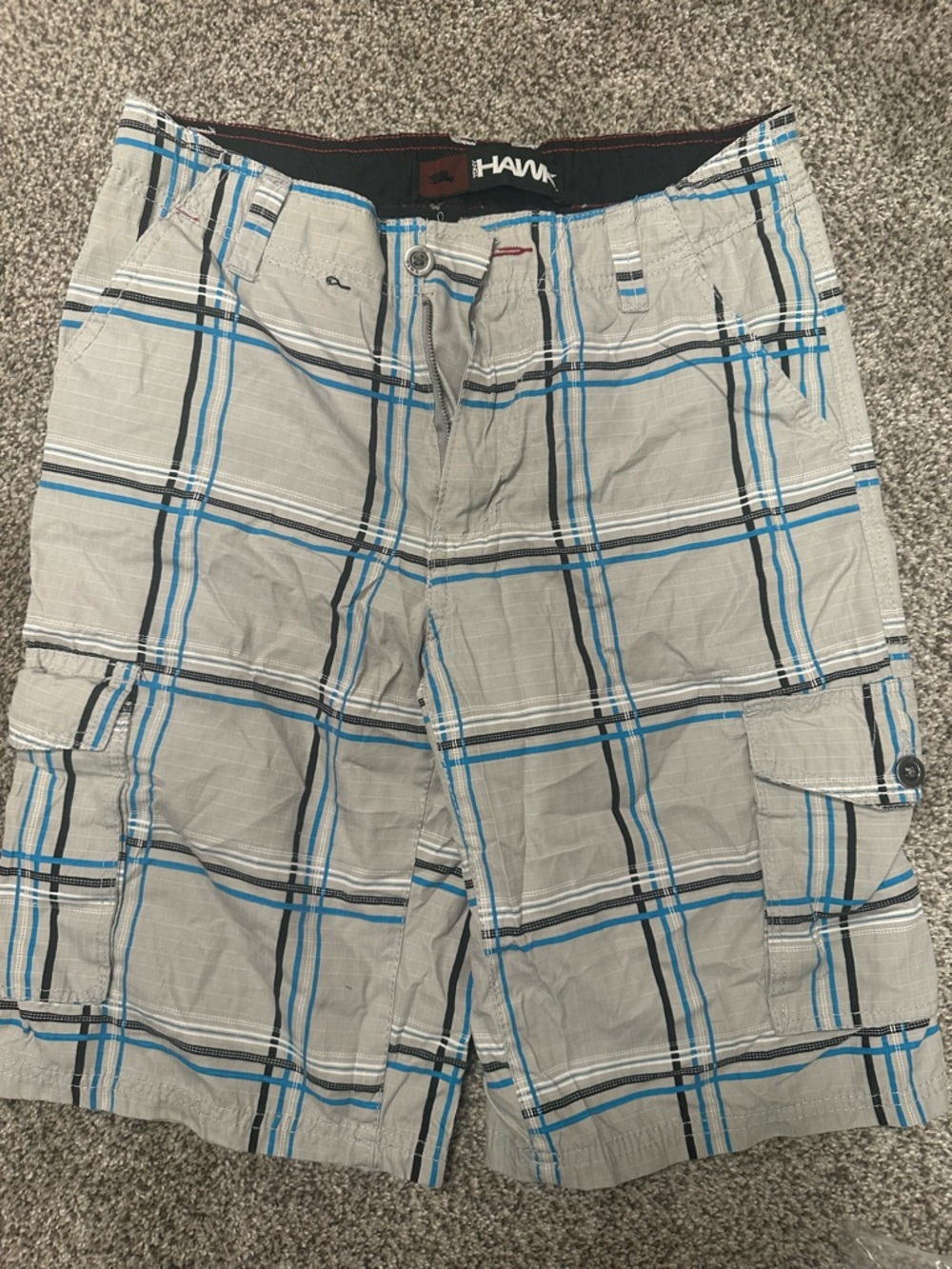 Tony Hawk Boys Gray Plaid Cargo Shorts with Blue Accents